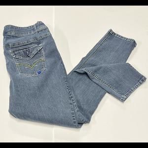 Leemo USA Jeans Womens Sz 20 Blue Denim Spandex Yellow White Accents Zip Closure